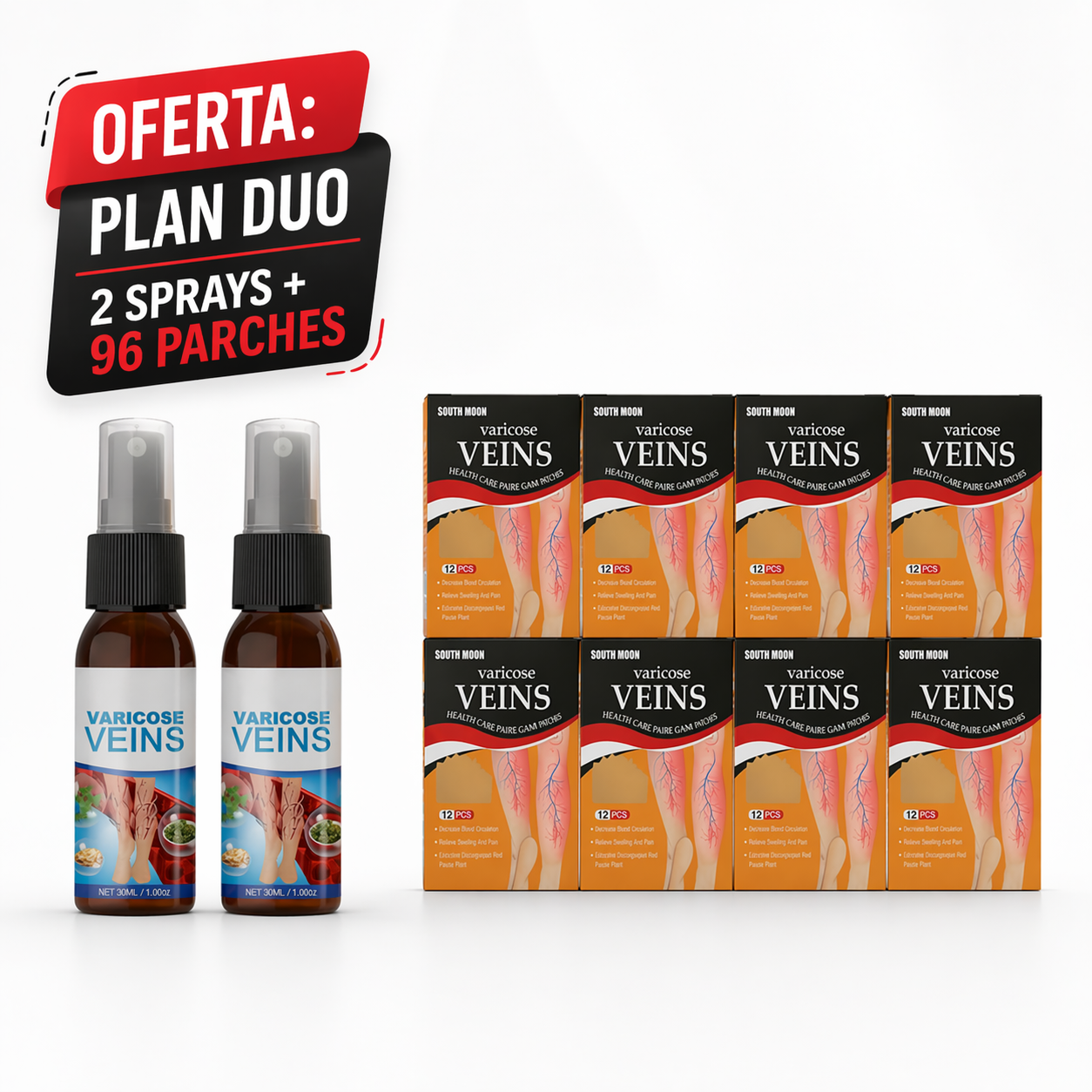 Kit Alivio Antivárices Tratamiento Dual Full: Spray + 48 Parches Herbales | Pague al Recibir