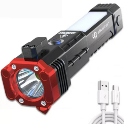 Linterna Táctica 4-en-1 Recargable USB — Rompevidrios y Cortacinturón
